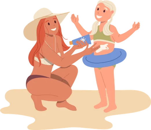 Mother applying sunscreen to daughter  Illustration