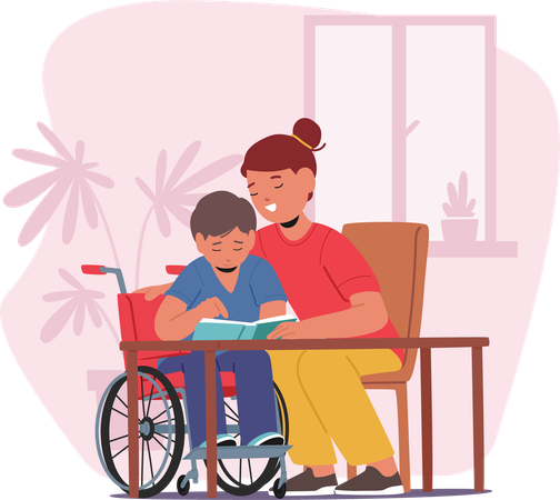 Mother Assisting Student In Wheelchair With Homework  Illustration