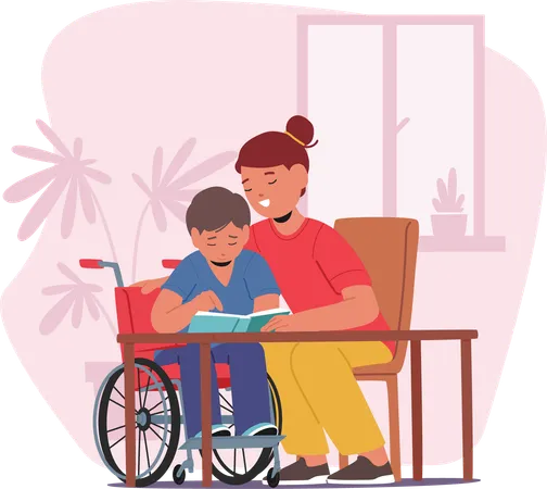 Mother Assisting Student In Wheelchair With Homework  Illustration