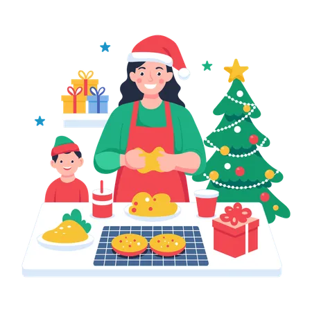 Mother baking cookies for Christmas  Illustration