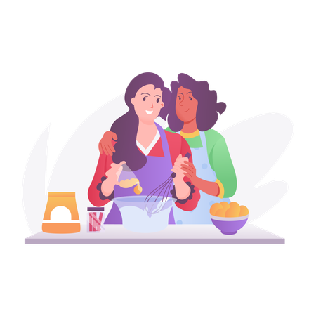 Mother Baking with daughters  Illustration