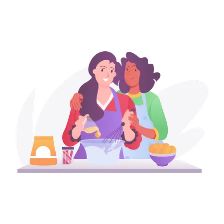 Mother Baking with daughters  Illustration