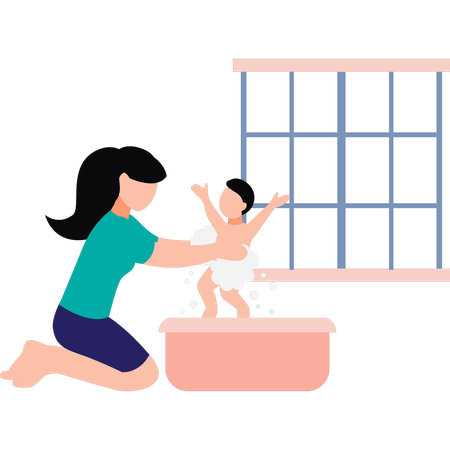 Mother bathing her child  Illustration