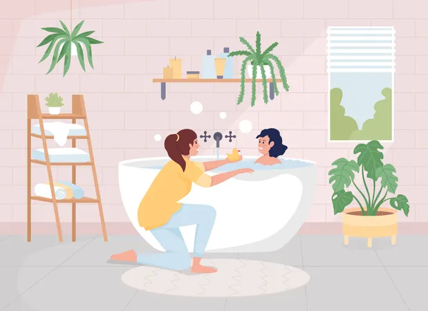 Mother Bathing Her Daughter Flat Color Vector Illustration Scandinavian Style Arrangement Hygge Mood Happy Family Members 2 D Simple Cartoon Characters With Bathroom On Background Illustration