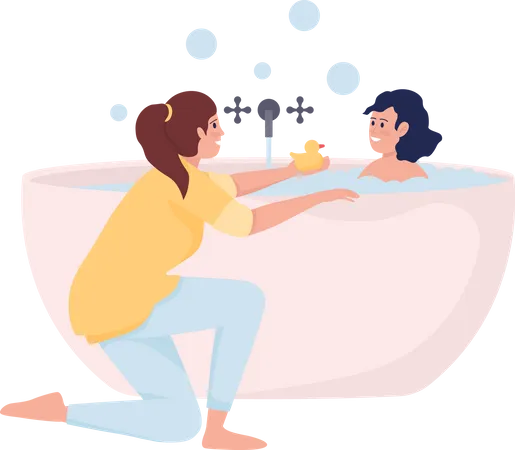 Mother Bathing Her Daughter Semi Flat Color Vector Characters Sitting Figure Full Body People On White Bathroom Routine Simple Cartoon Style Illustration For Web Graphic Design And Animation Illustration