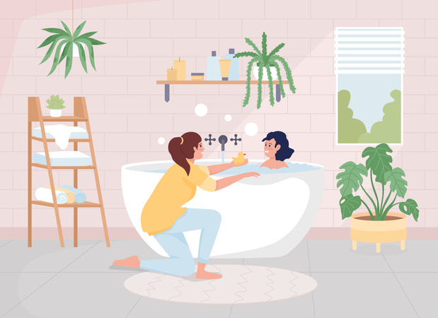 Mother bathing her daughter  Illustration