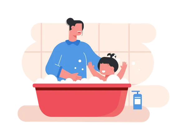 Mother bathing her kid  Illustration