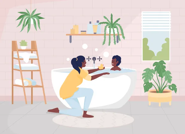 Mother Bathing Her Son Flat Color Vector Illustration Scandinavian Style Arrangement Hygge Bathroom Happy Family Members 2 D Simple Cartoon Characters With Bathroom On Background Illustration