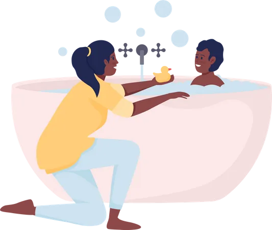Mother Bathing Her Son Semi Flat Color Vector Characters Sitting Figure Full Body People On White Bathroom Routine Simple Cartoon Style Illustration For Web Graphic Design And Animation Illustration