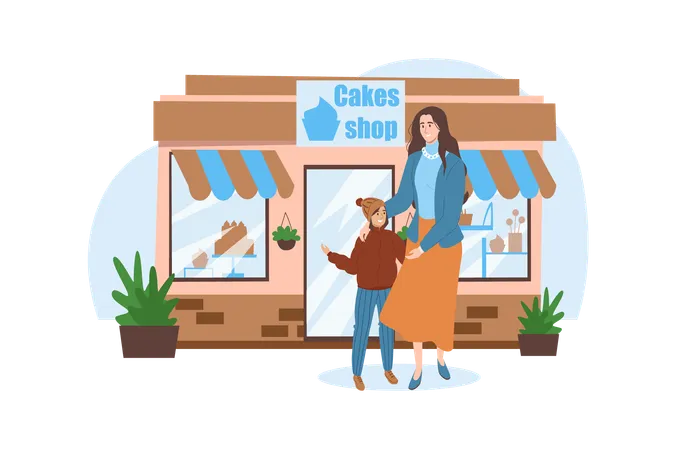 Shop Blue Concept With People Scene In The Flat Cartoon Style Mother Bought Her Daughter A Lot Of Sweets In The Cakes Store Vector Illustration Illustration