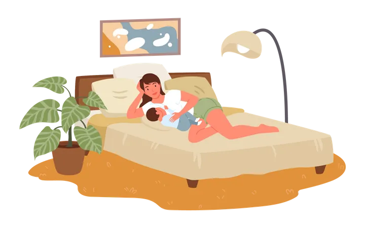Mother breastfeeding child while sleeping  Illustration