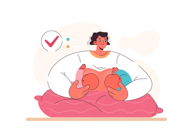 Mother breastfeeds her twin babies  Illustration