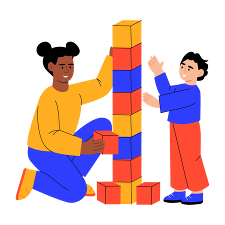 Mother building blocks with son  Illustration
