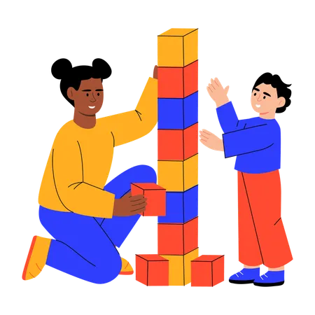 Mother building blocks with son  Illustration