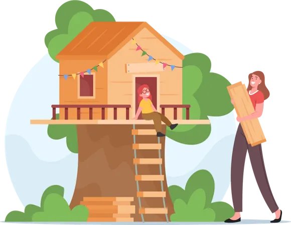 Mother Building Tree House for Little Daughter Illustration
