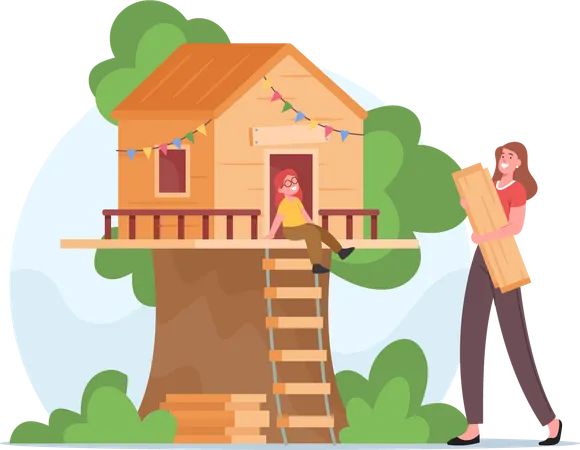 Mother Building Tree House for Little Daughter  Illustration