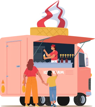 Mother Buying Ice Cream for son from ice cream van  Illustration