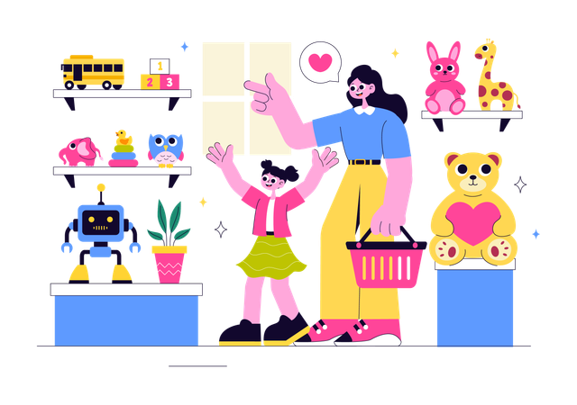 Mother buying toy for daughter in toy store  Illustration