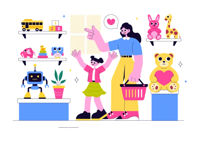 おもちゃ屋で娘のためにおもちゃを買う母親  イラスト