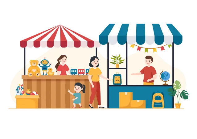 Mother buying toys and educational material at flea market Illustration