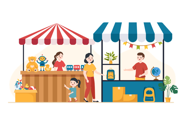 Mother buying toys and educational material at flea market  Illustration