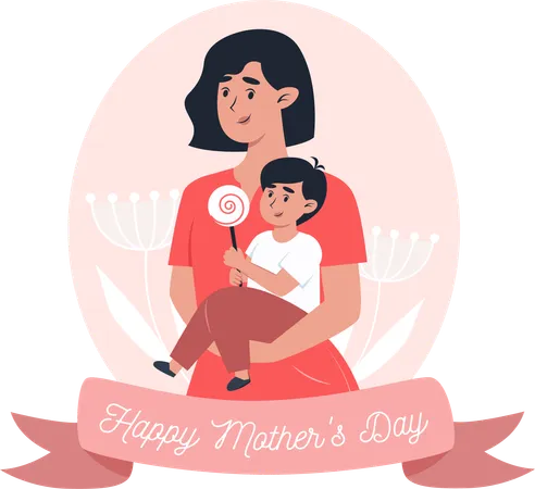 Mothers Day Card Mom Holds Little Son In Her Arms Illustration
