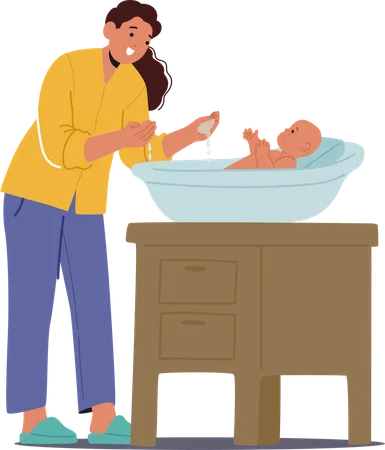 Mother Cares For Infant During Bath Time At Home  Illustration