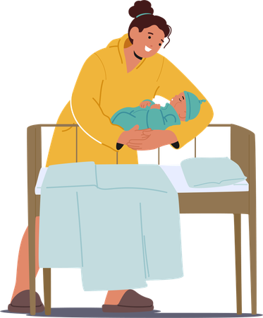 Mother Caring For Newborn Baby In Cozy Nursery Setting  Illustration