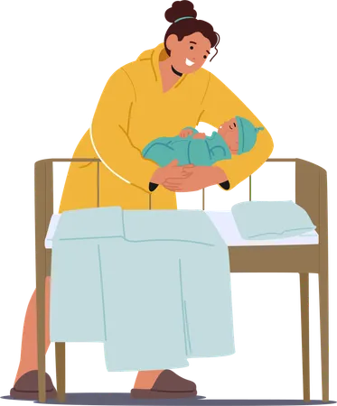 Mother Caring For Newborn Baby In Cozy Nursery Setting  Illustration