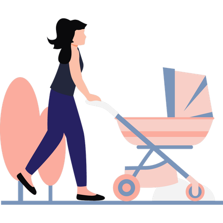 Mother carries her child in a stroller  Illustration
