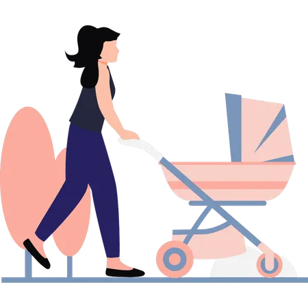 A Mother Carries Her Child In A Stroller Illustration