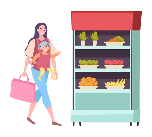 Woman With Baby Walking To Fridge Vector Supermarket Shopping Mother With Kid Lady Carrying Bag Looking At Vegetables And Fruits In Refrigerator Illustration