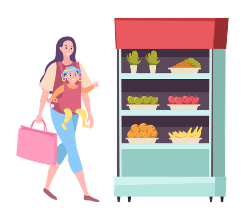 Mother carrying baby and doing shopping  Illustration