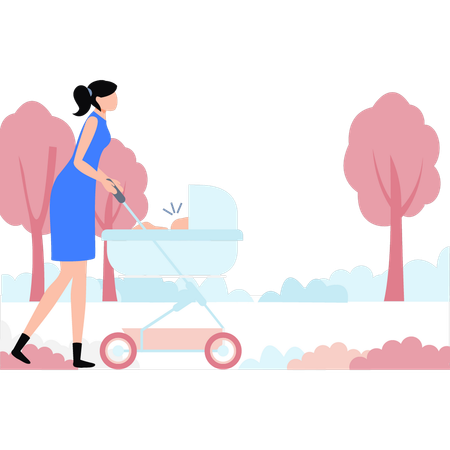 Mother Carrying Baby In Cradle  Illustration