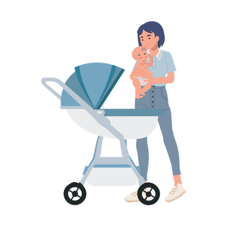 Mother carrying her baby into the baby stroller  Illustration
