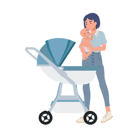Urban Mom Lifestyle Concept Mother Carrying Her Baby Into The Baby Stroller Illustration