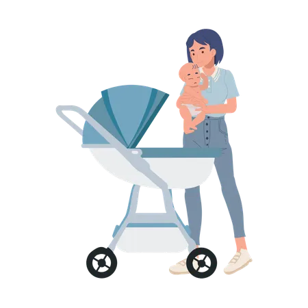 Mother carrying her baby into the baby stroller  Illustration