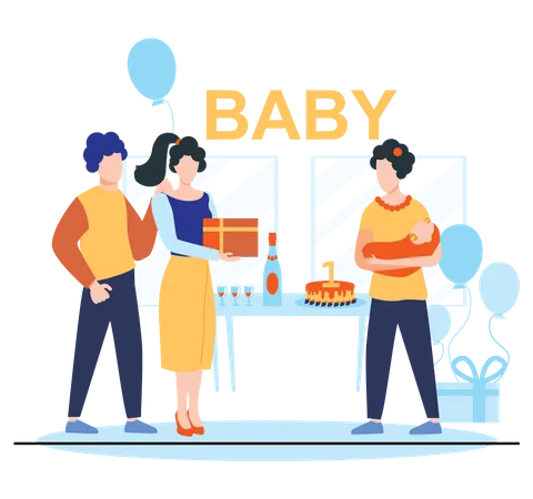 Mother celebrating baby shower with guests  Illustration