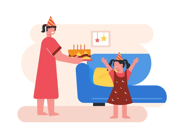 Mother celebrating birthday of daughter  Illustration