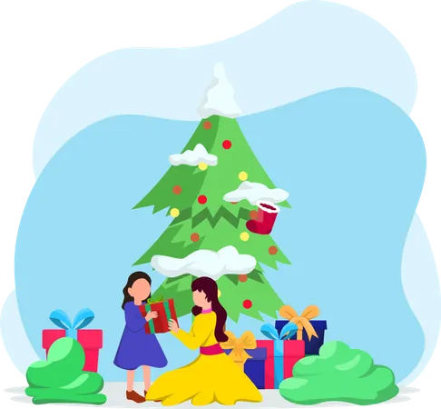 Mother celebrating christmas with daughter  Illustration