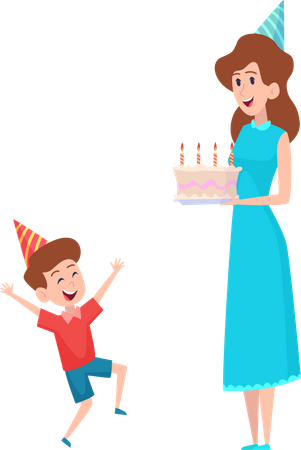 Mother celebrating son birthday with cake Illustration