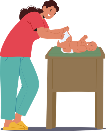 Mother Changing Newborn Baby Diaper On Safe Changing Table In Bright Room  Illustration