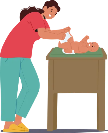 Mother Changing Newborn Baby Diaper On Safe Changing Table In Bright Room  Illustration