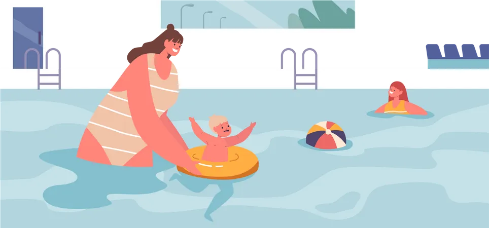 Mother Character Gently Guides Baby Through The Water Teaching To Float And Kick Joyful Bonding In A Pool Setting Fostering Water Confidence And Safety Skills Cartoon People Vector Illustration Illustration