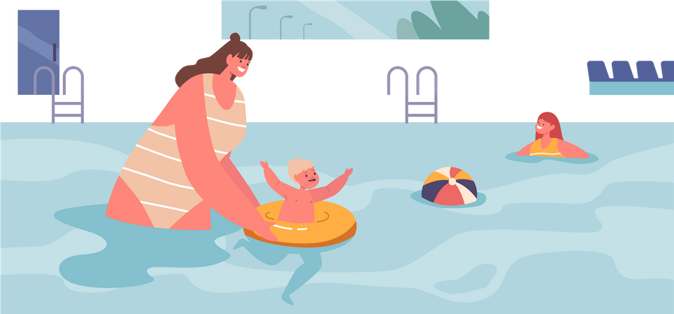 Mother Character Gently Guides Baby Through The Water  Illustration