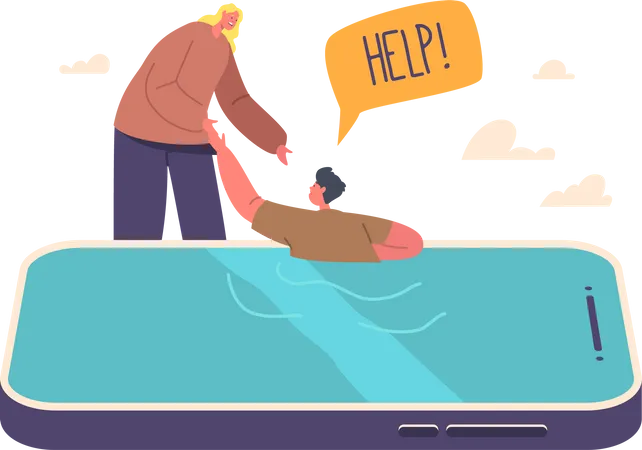 Mother Character Help Child Drowning In Smartphone Screen  Illustration