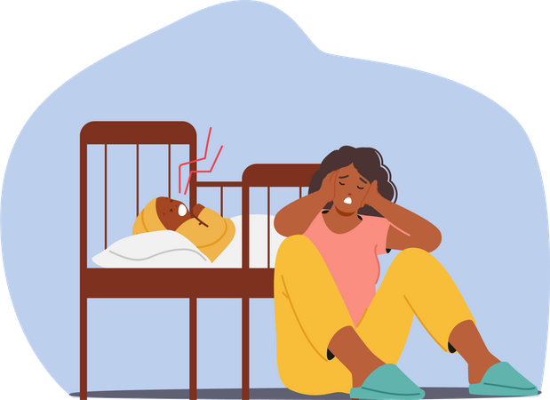 Mother Character Struggles With Depression While Tending To A Crying Baby In A Cot  Illustration