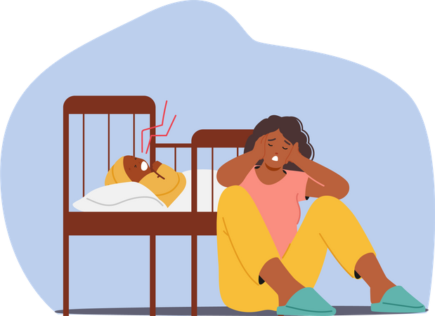 Mother Character Struggles With Depression While Tending To A Crying Baby In A Cot  Illustration