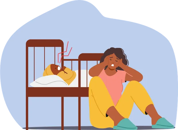 Mother Character Struggles With Depression While Tending To A Crying Baby In A Cot  Illustration