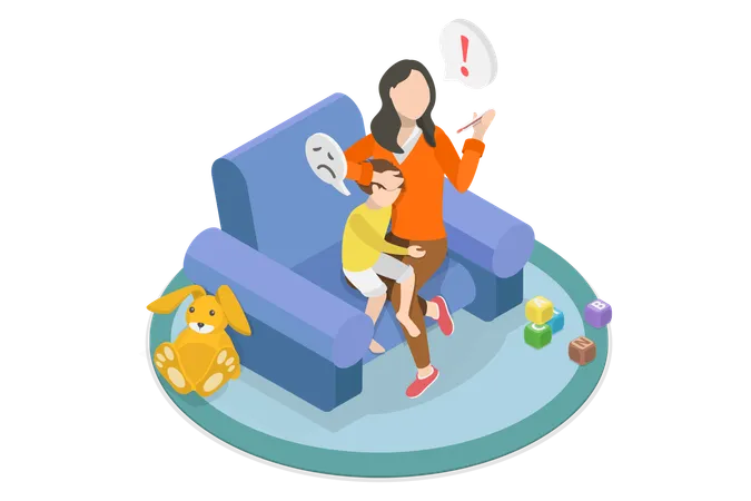 3 D Isometric Flat Vector Illustration Of Child With Fever A Mom Takes Care Of Her Kid Illustration